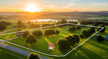 Scenic Real Estate Aerial View of Land For Sale with Golden Sunset Over Rolling Hills, Trees and Lake.