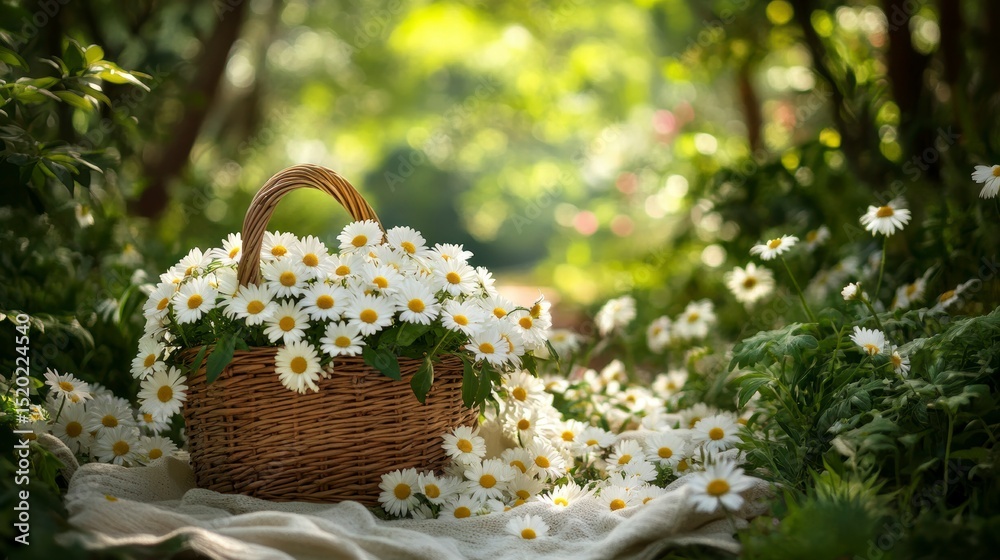 Poster A wicker basket overflowing with daisies sits on a linen cloth in a sun-dappled forest.