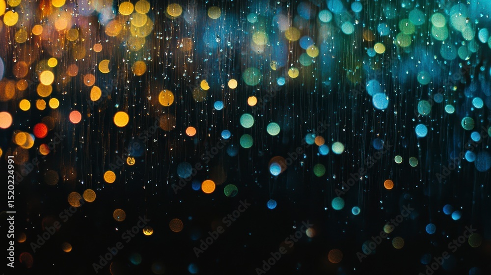Poster abstract bokeh lights and rain droplets on dark background.