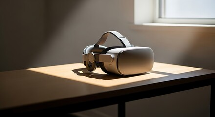A virtual reality headset sits on a wooden table bathed in sunlight near a window. The scene has a minimalist aesthetic, with shadows enhancing the textures.