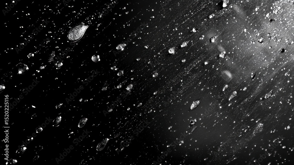 Poster abstract black and white image of raindrops falling on a dark surface.