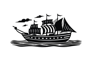 Pirate or sailing ship silhouette vector illustration on the ocean waves, a perfect nautical travel symbol