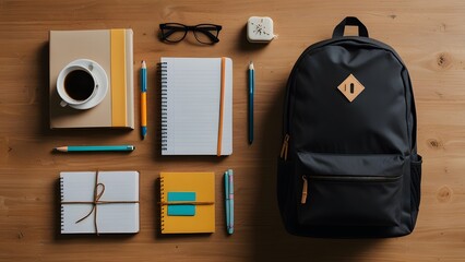 Composición con mochila, cuadernos y útiles escolares sobre mesa de madera