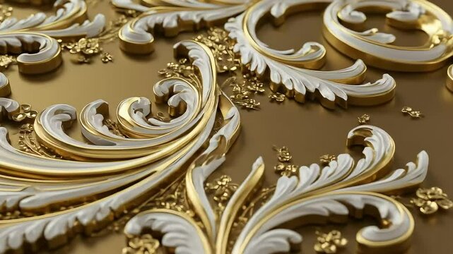 Luxurious Gold and White Ornate Decorative Flourishes and Swirls. Elegant Baroque Rococo Style 3D Relief Pattern for Classic Interior Design or Background.