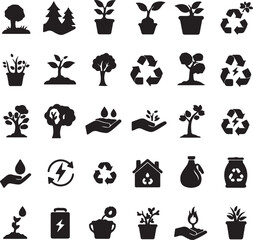 Set of eco-friendly icons and symbols representing nature conservation and environmental protection
