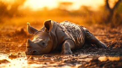 Baby rhinoceros resting in muddy waterhole at golden sunset