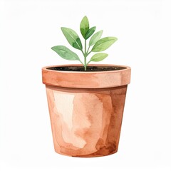 Fototapeta premium Watercolor Painting of a Young Plant in a Terracotta Pot