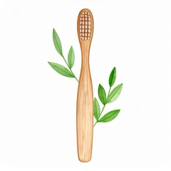 Wooden Bamboo Toothbrush with Green Leaves Watercolor Illustration