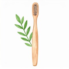 Wooden Bamboo Toothbrush with Green Leaves Watercolor Illustration