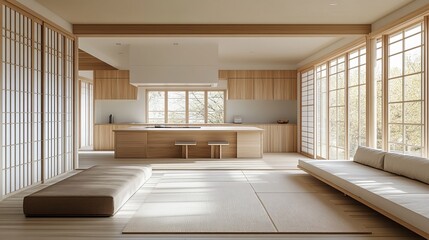 Obraz premium A minimalist Japandi space blends bleached wood and white. The kitchen features cabinets and an island; the living area includes a sofa, carpet, and paper sliding door