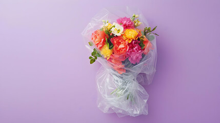 Fototapeta premium Colorful Flower Bouquet Wrapped In Transparent Film On Purple Background
