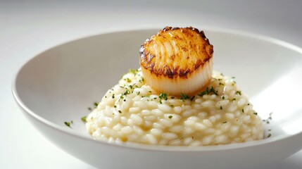 A perfectly cooked risotto with a golden seared scallop placed on top as a garnish