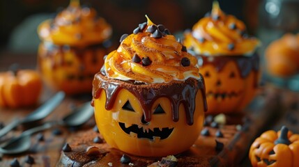 Halloween dessert with chocolate drizzle and creamy orange swirl sits in a festive pumpkin, perfect for holiday treats, party inspiration, or spooky recipes.