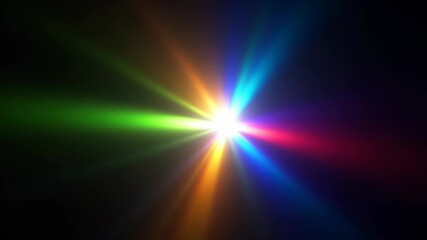 Brilliant white light explodes into vibrant rainbow spectrum rays against dark background. Dynamic prismatic burst creates cinematic lens flare effect with smooth color transition and radial energy.
 - Powered by Adobe