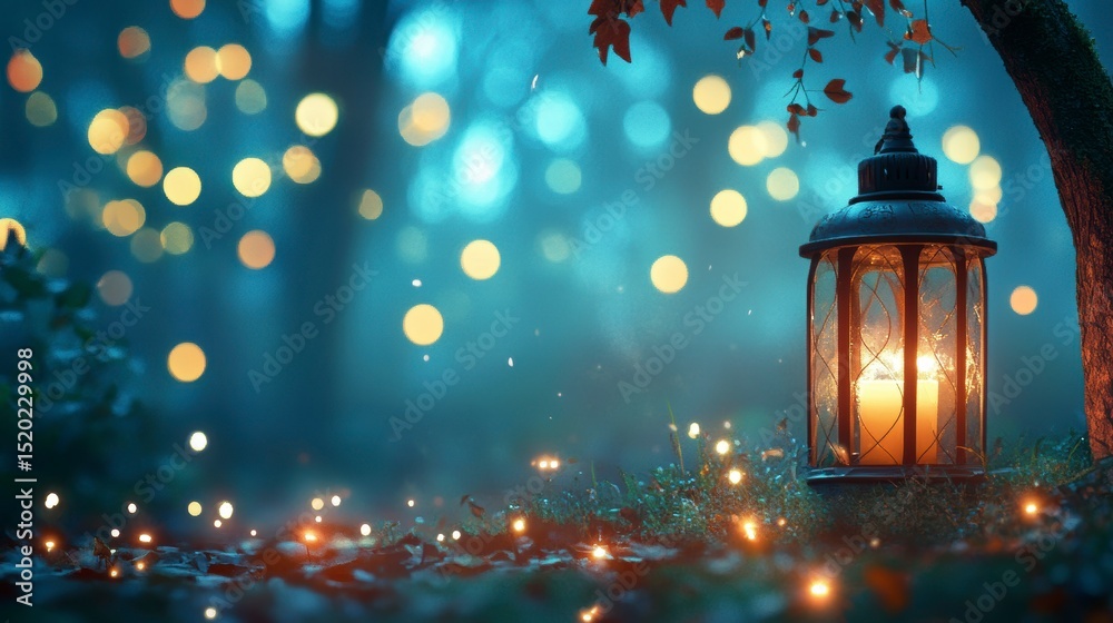 Poster enchanting lantern glowing in a mystical forest at night, surrounded by sparkling lights and autumn 