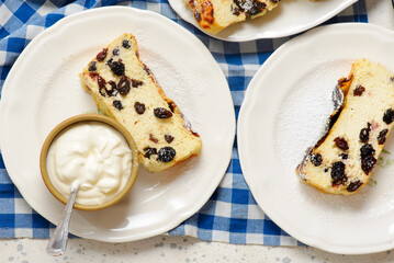 Cottage cheese casserole with raisins and sour cream..top veiw