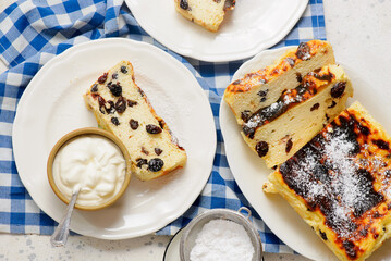 Cottage cheese casserole with raisins and sour cream..top veiw