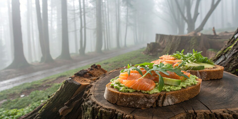 Avocado toast with smoked salmon healthy breakfast in nature forest outdoor picnic food photography