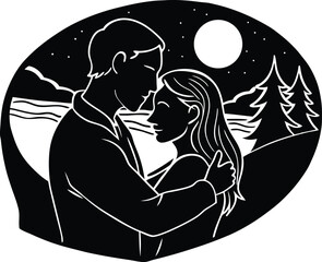 couple snuggling at viewpoint silhouette, romantic couple at overlook silhouette