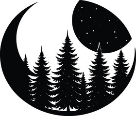 crescent moon above treetops silhouette, moonlit night over forest silhouette © Shahar