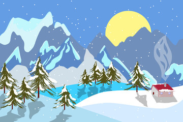 Fototapeta premium Winter snowy landscape with high hills in the background. Lower hills in the foreground. House in the landscape on a hill. Snow-covered coniferous trees. Sun behind the hills.