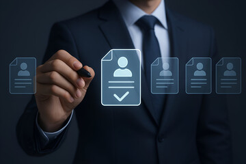 Businessman selecting candidate profile from online database