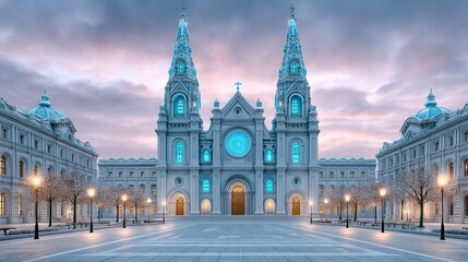 Obraz premium Stunning Neo-Gothic Cathedral with Blue Illuminated Windows