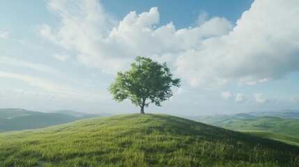 Obraz premium A tree stands in a grassy field, set against a sky backdrop. 
