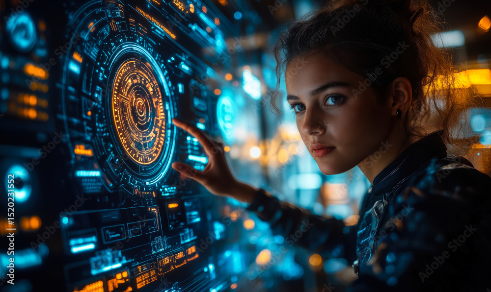 Poster woman interacting with futuristic digital interface of ai data visualization and technology control 