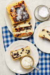 Cottage cheese casserole with raisins and sour cream..top veiw