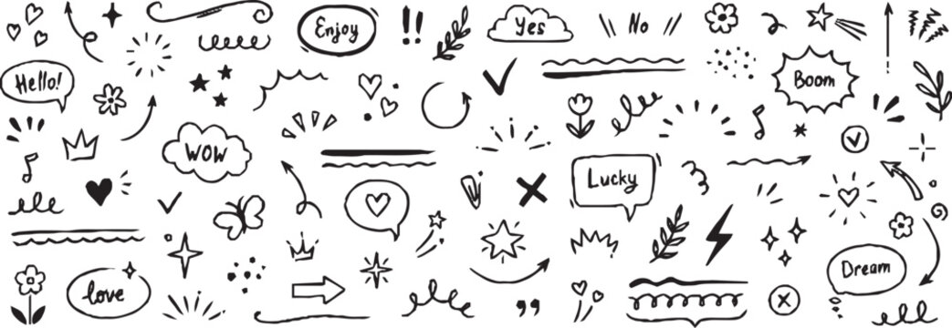 Naklejki Line sketch star, text, arrow, heart decoration element icon set. Hand drawn sketch doodle cute star, emphasis, flower element. Pen line, brush, love text decoration shape icon. Hand drawn vector