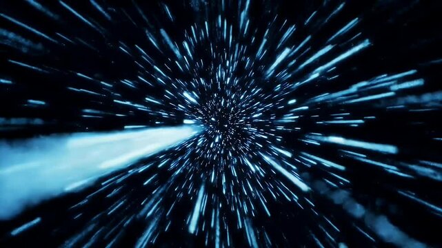 A 3D-rendered vertical animation of a starfield warp-speed effect, resembling a hyperspace jump. Countless blue light streaks radiate from a central vanishing point.