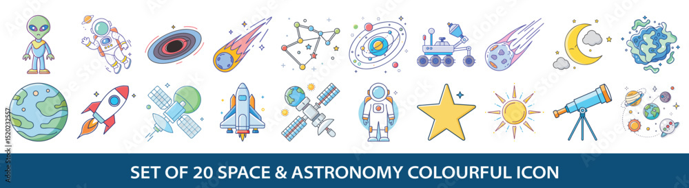 Wall mural set of twenty colorful space and astronomy icons featuring alien astronaut rocket spaceship and more