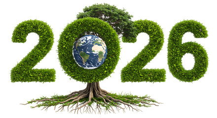 Eco Friendly 2026 Year Graphic with Planet Earth on Transparent Background


