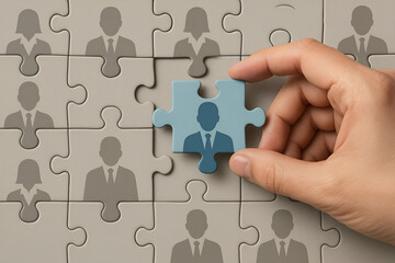 Hand placing puzzle piece completing team