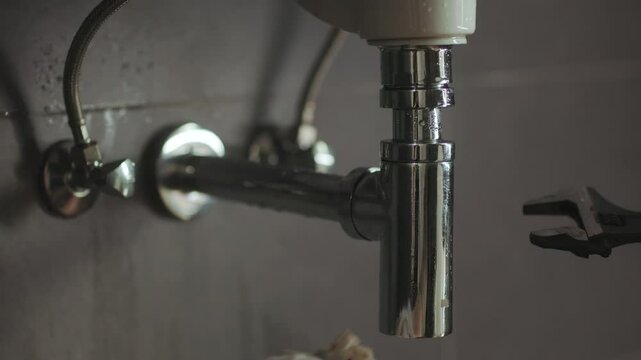 A plumber cleans a chrome sink pipe with a rag, wrench in background. Shows meticulous plumbing maintenance under a white sink.
