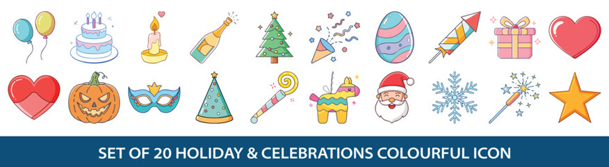 Set of twenty holiday and celebrations colourful icons collection for festive events and occasions