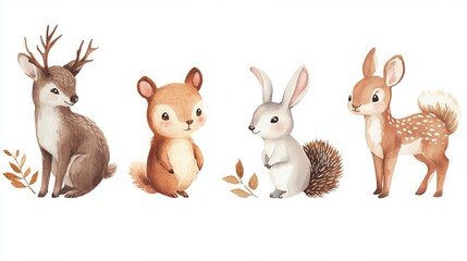 Fototapeta premium Adorable hand-drawn watercolor forest animals: deer, bear, bunny, hedgehog, and squirrel. Perfect for nursery art, greeting cards, or prints. Woodland frame design. 