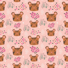 Cute tiger seamless pattern hand drawn cute kids background colorful pallete