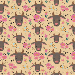 Cute Cow seamless pattern hand drawn cute kids background colorful pallete