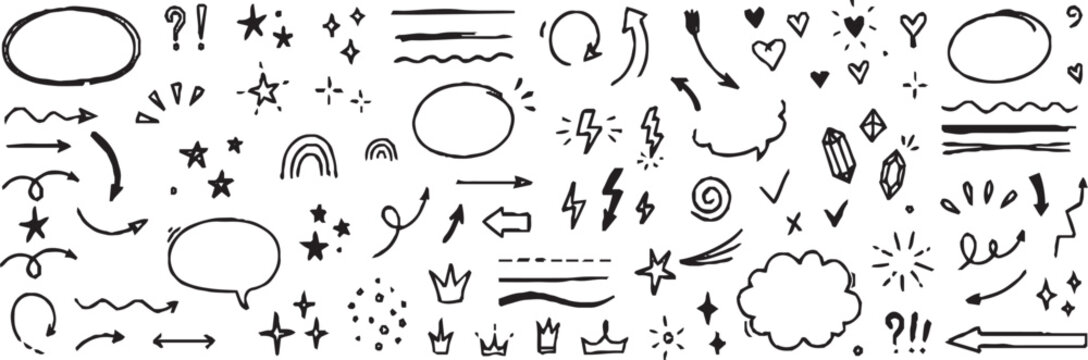 Naklejki Line sketch star, text, arrow, heart decoration element icon set. Hand drawn sketch doodle cute star, emphasis, flower element. Pen line, brush, love text decoration shape icon. Hand drawn vector
