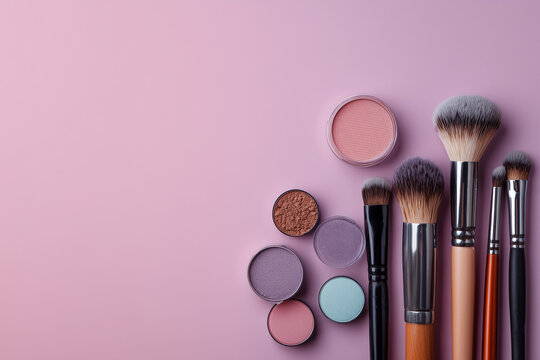Makeup brushes and eyeshadow on pink background
