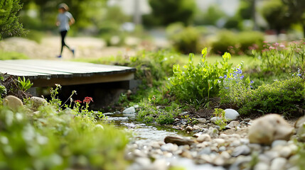 Park Stream With Pathway And Lush Vegetation