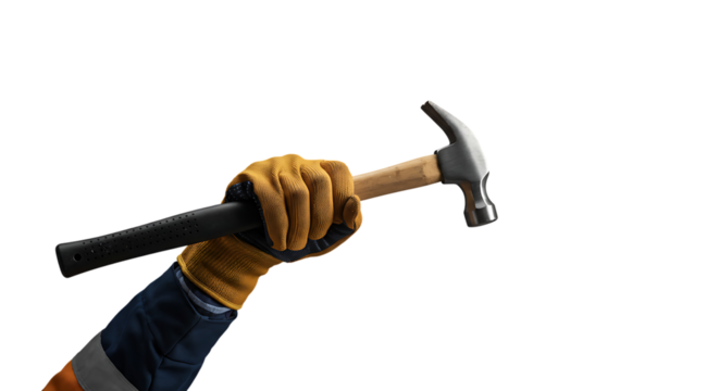 Gloved Hand Raised with Hammer On Transparent Background


