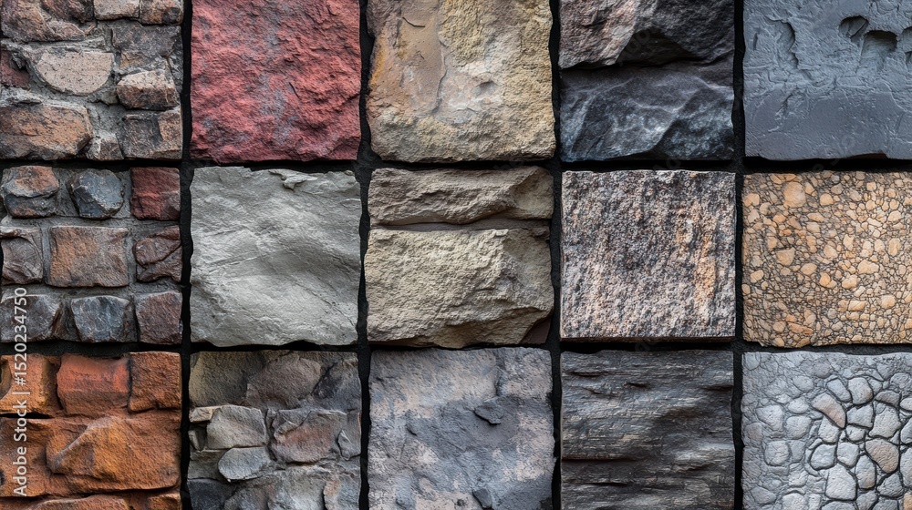 Poster collection of various stone textures in square tiles.