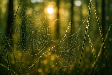 Morning dew on spider web in sunlit forest - nature's intricate patterns