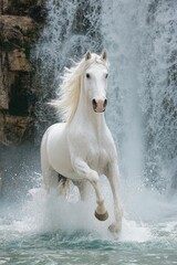 White horse running through water at base of waterfall with splashing drops in powerful natural scenery