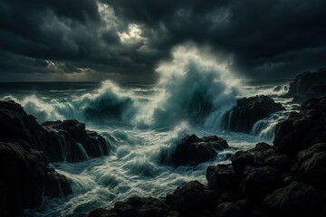 Dramatic stormy seascape with dark clouds and crashing waves