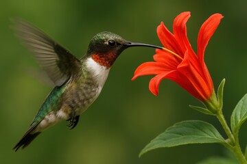 Hummingbird in motion with vibrant red flower on a sunny spring day