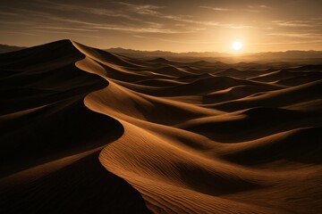 Majestic golden sunset over serene desert dunes